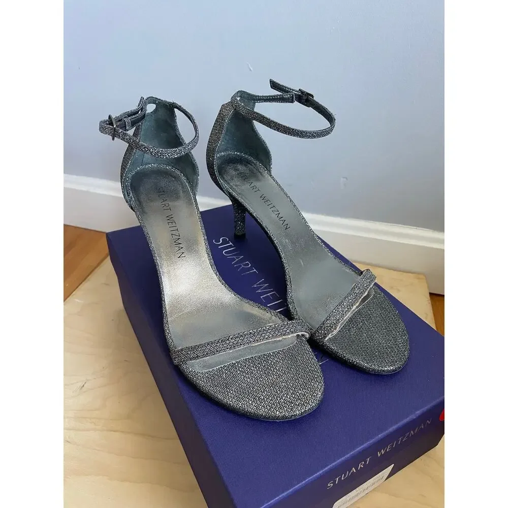 Stuart Weitzman Silver Naked Glitter Sandals 2.5